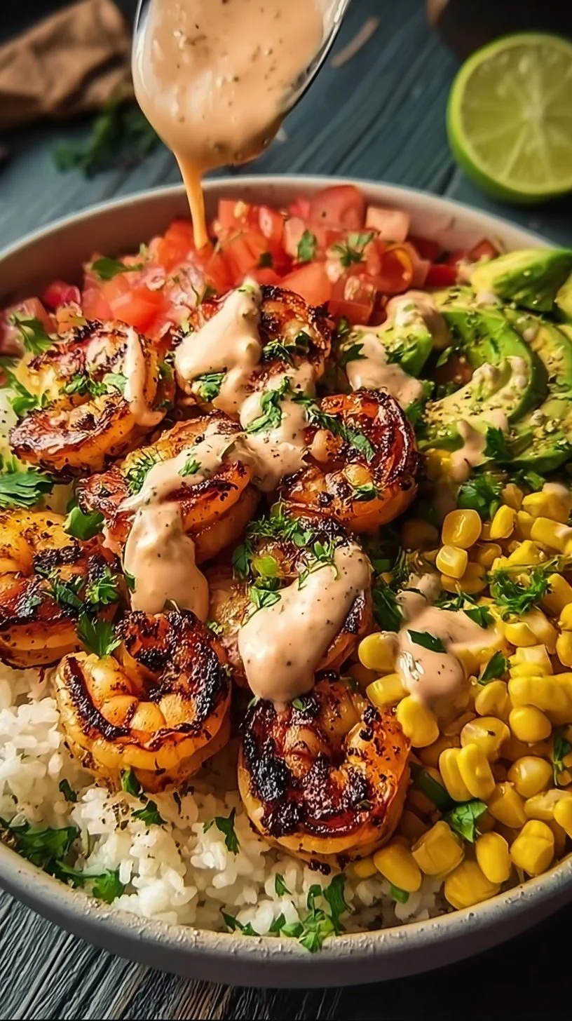 Leckere Garnelen-Bowl mit frischem Gemüse und aromatischen Zutaten