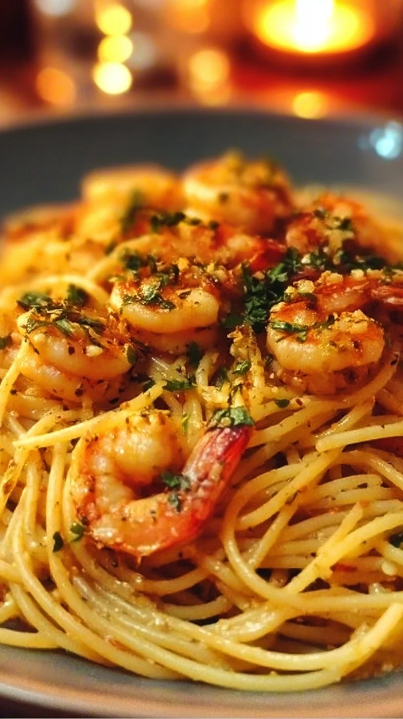 Leckere Garnelen Scampi Pasta auf einem Teller serviert.