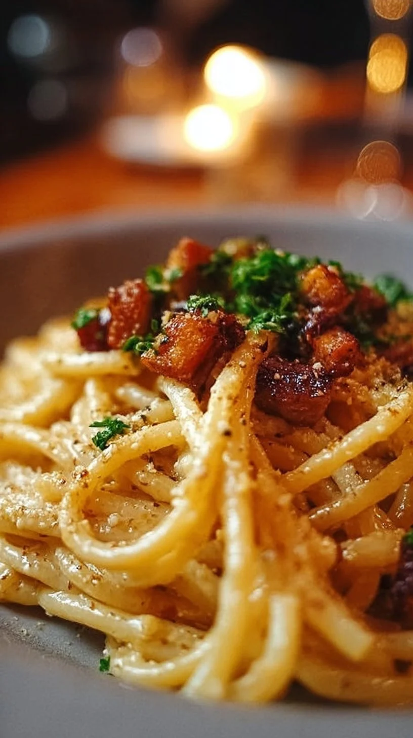 Geräucherte Tofu-Carbonara für 4 Personen auf einem Teller serviert