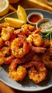 Gesunde und knusprige Airfryer Knoblauch-Garnelen auf einem Teller serviert