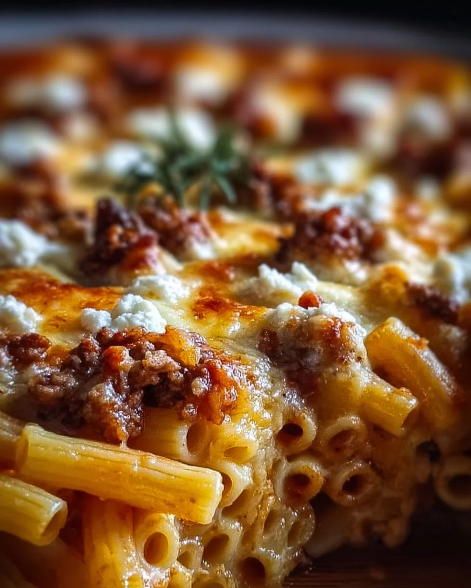 Griechischer Nudel-Auflauf mit Feta, Hackfleisch und gratiniertem Käse