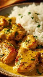 Hähnchen in Honig-Senf-Sauce mit Beilagen auf einem Teller serviert.