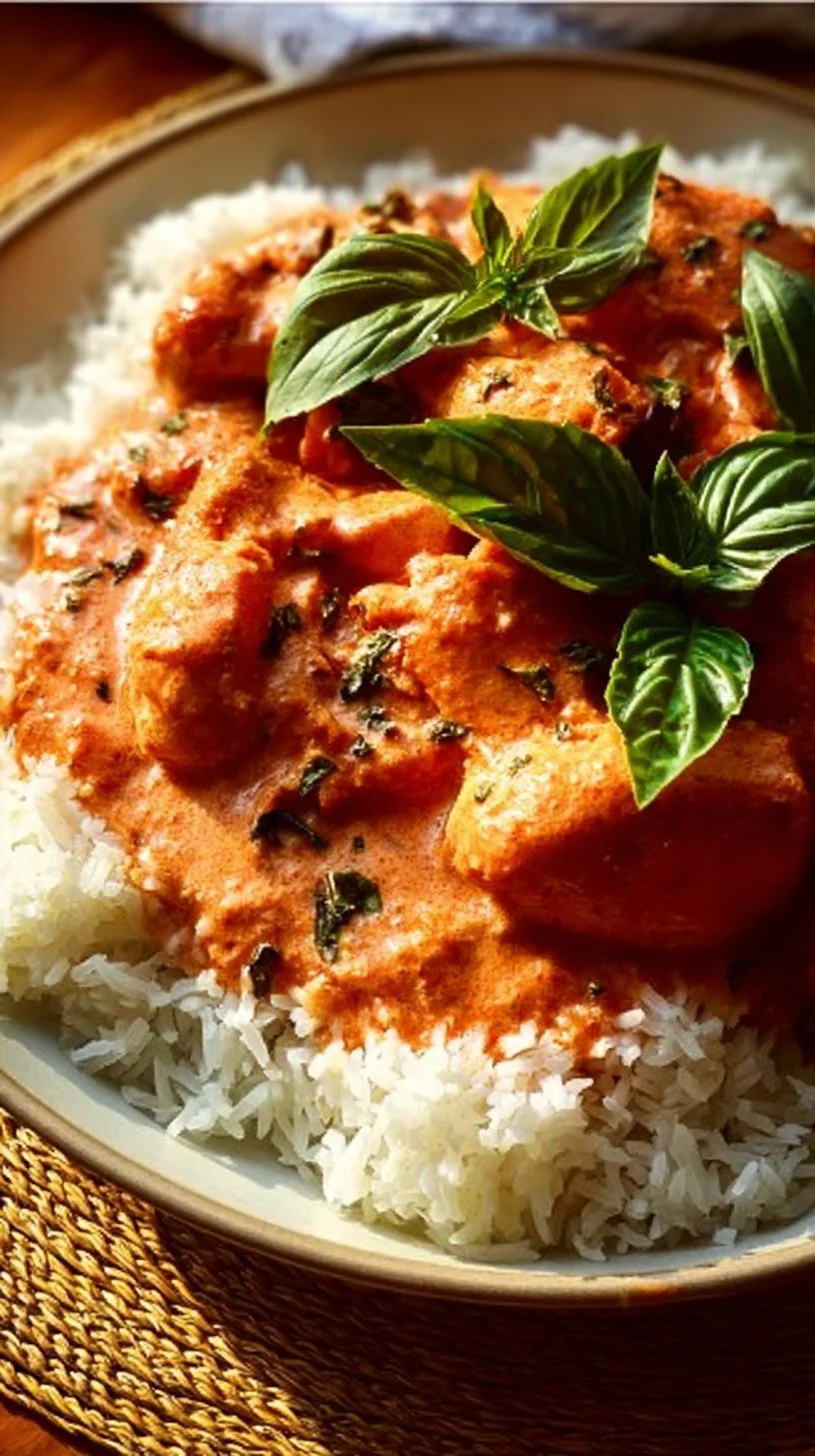 Hähnchen mit Reis und Tomatensoße serviert auf einem Teller