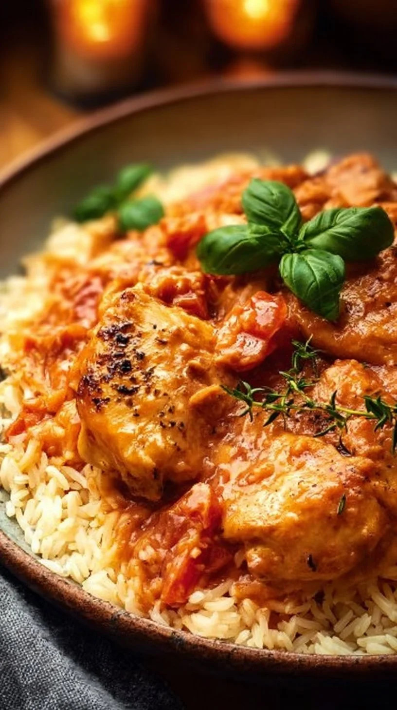 Hähnchen mit Reis und Tomatensoße