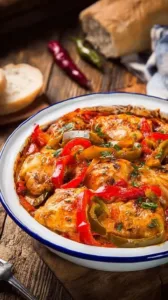 Hähnchenbrust in cremiger Soße mit Paprika und Champignons auf einem Teller