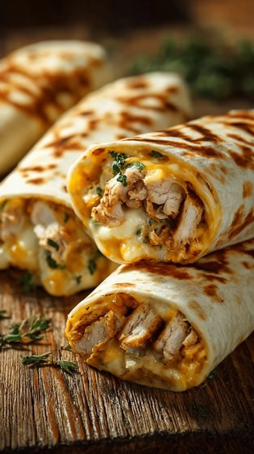 Käsige Knoblauch Hähnchen Wraps auf einem Teller serviert