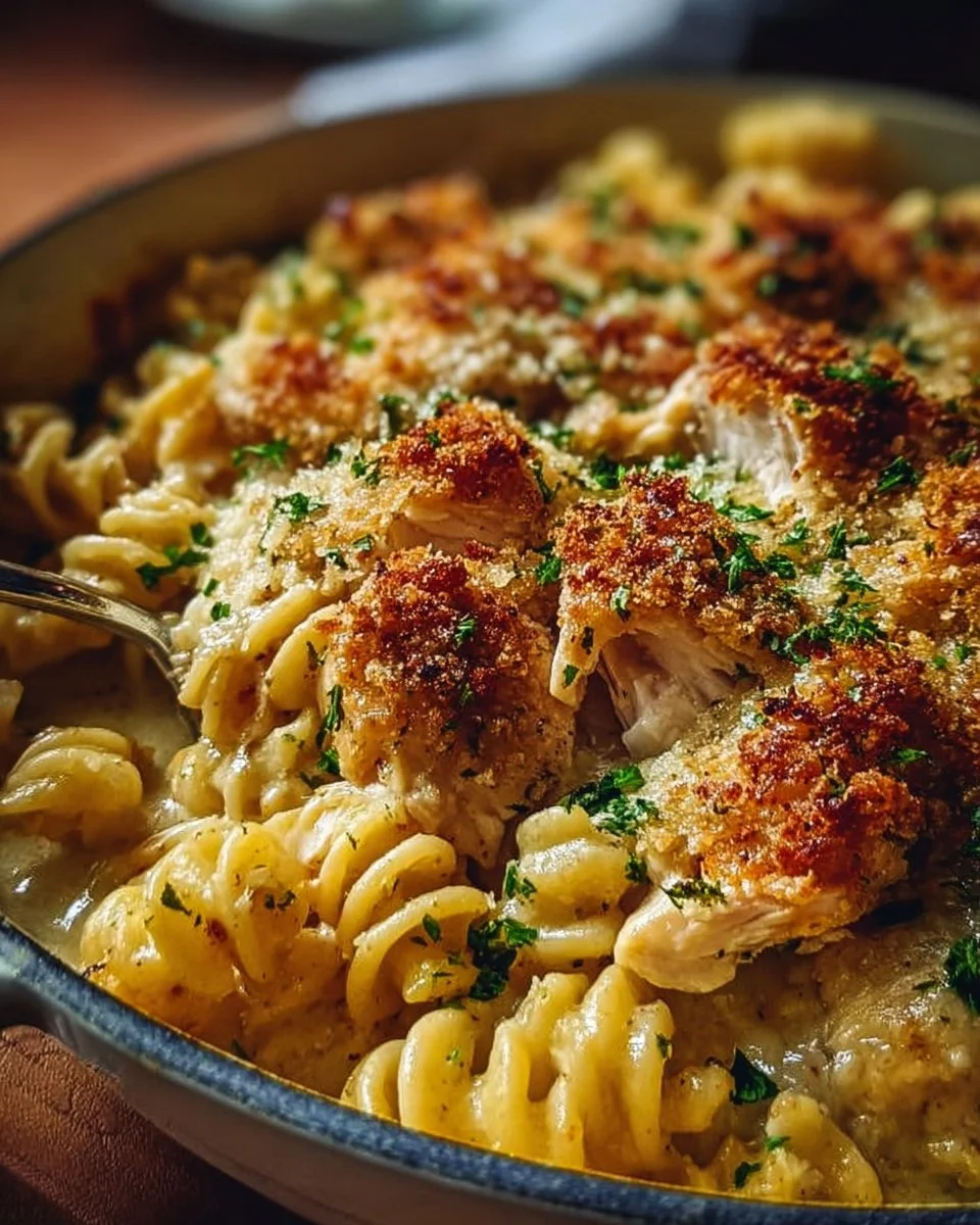 Knuspriger Nudel-Hähnchen-Auflauf mit Knoblauch und Parmesan