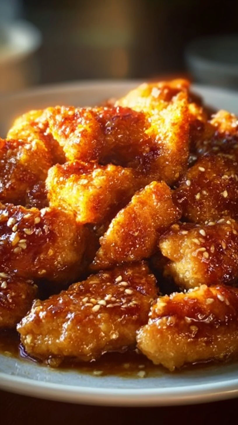 Knuspriges Hühnchen serviert mit süß-würziger Sauce auf einem Teller