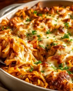 Leckerer Nudelauflauf mit Käse überbacken, serviert auf einem Teller.