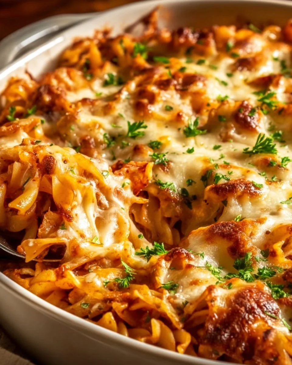 Leckerer Nudelauflauf mit Käse überbacken, serviert auf einem Teller.
