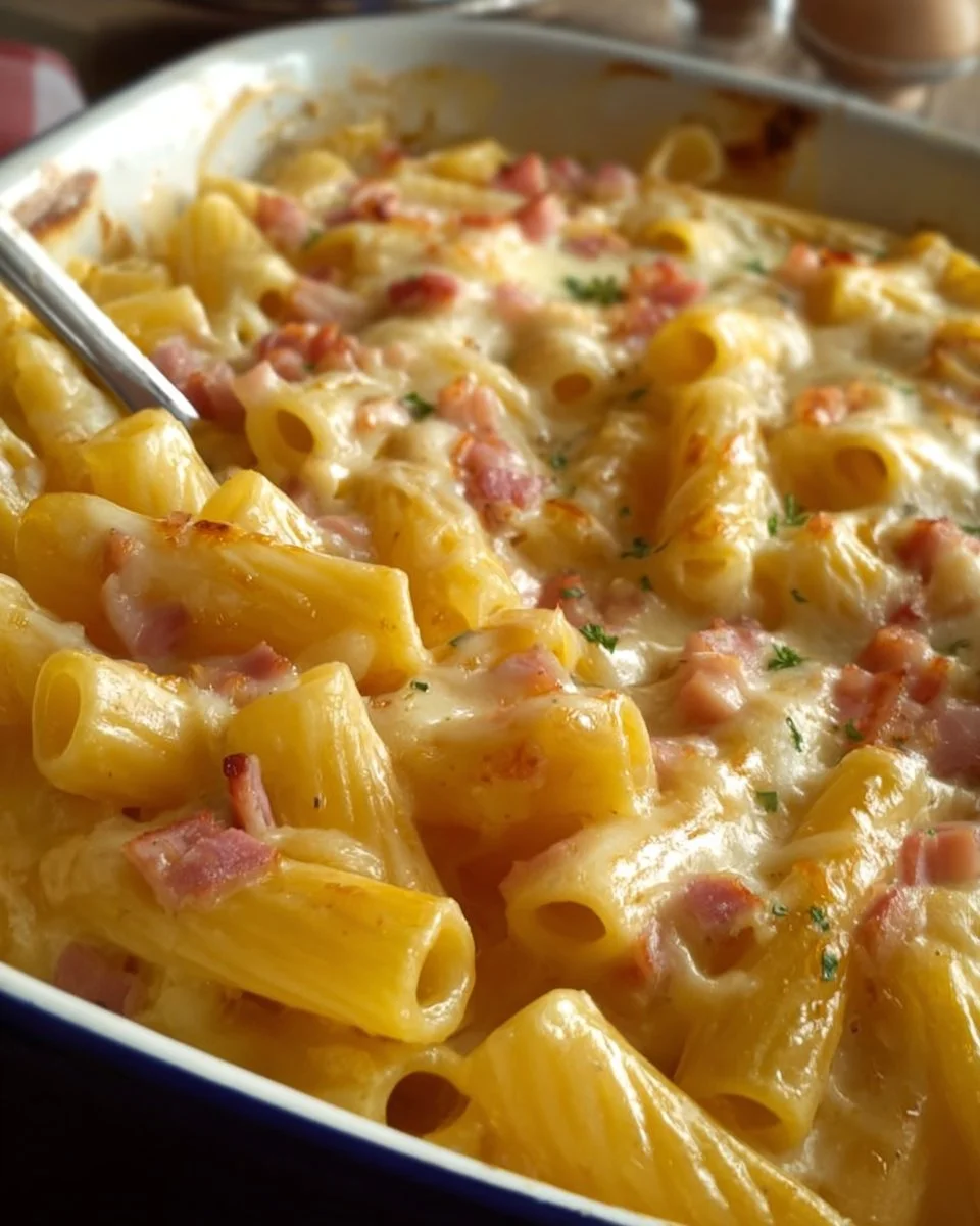 Leckere Nudelauflauf Portion auf einem Teller, schnell gemacht und klassisch.