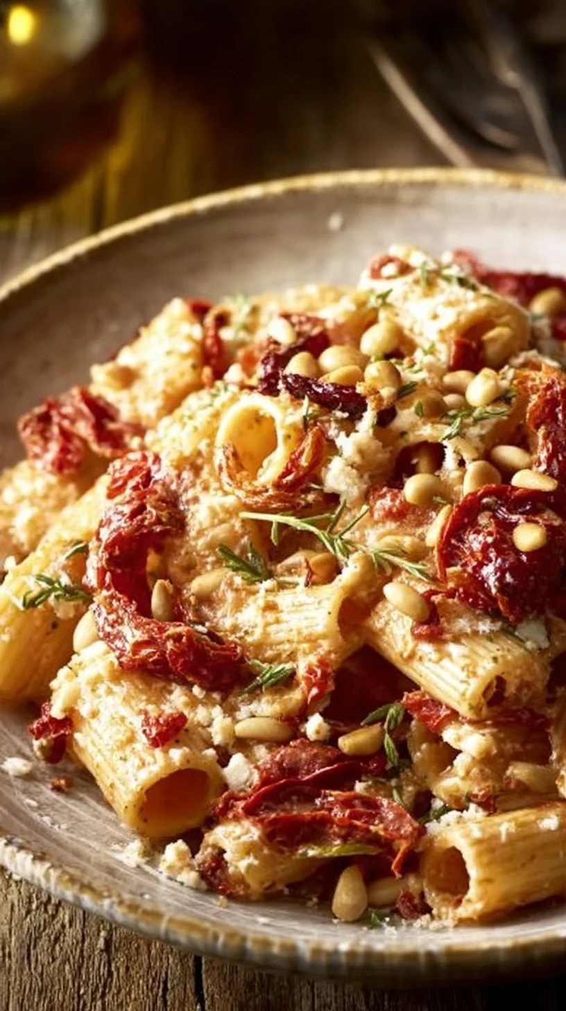 Pasta mit sonnengetrocknetem Tomaten-Ricotta-Pesto auf einem Teller serviert