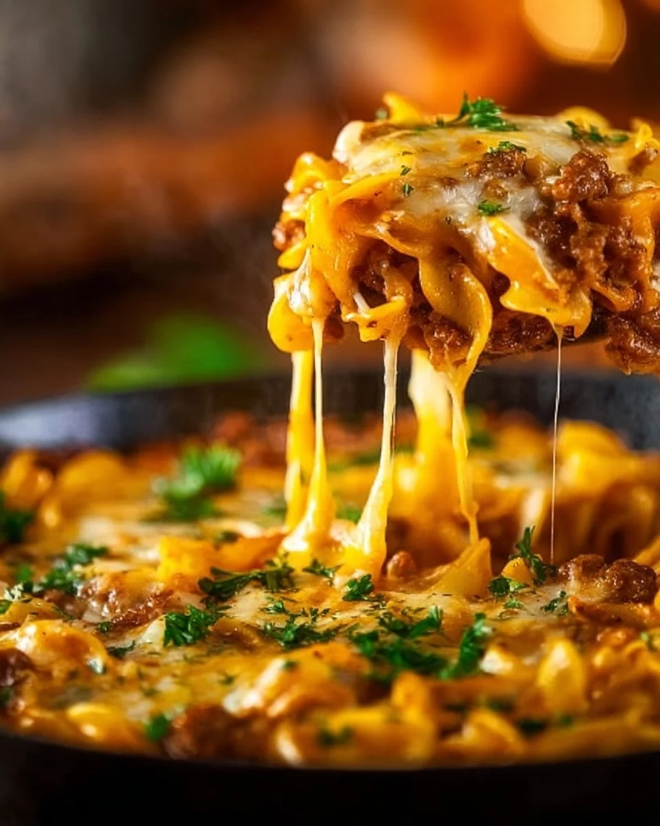 Saftiger Hackfleisch Nudelauflauf frisch aus dem Ofen serviert.