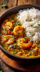 Shrimp Curry mit Kokosmilch auf einem Teller serviert, aromatisch und appetitlich.