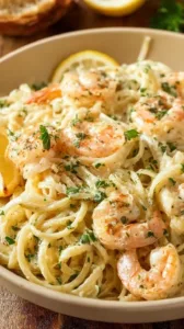 Spaghetti Alfredo mit Garnelen, cremige Soße und frische Meeresfrüchte.