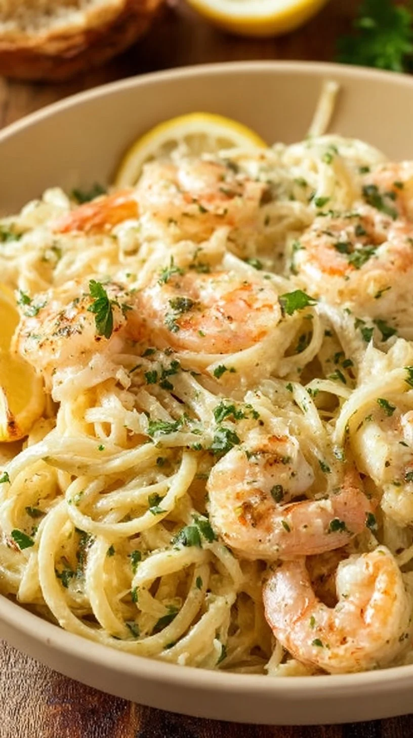 Spaghetti Alfredo mit Garnelen, cremige Soße und frische Meeresfrüchte.