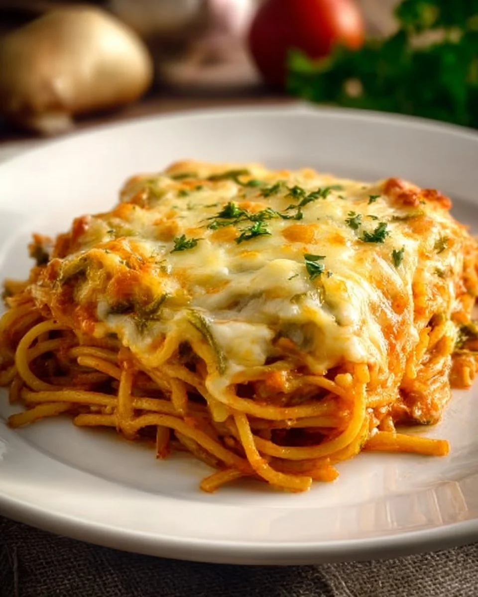 Spaghetti Auflauf mit Gemüse frisch aus dem Ofen