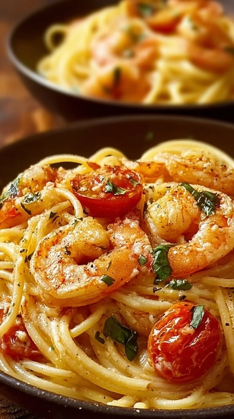 Spaghetti mit Garnelen in cremiger Frischkäsesauce auf einem Teller serviert