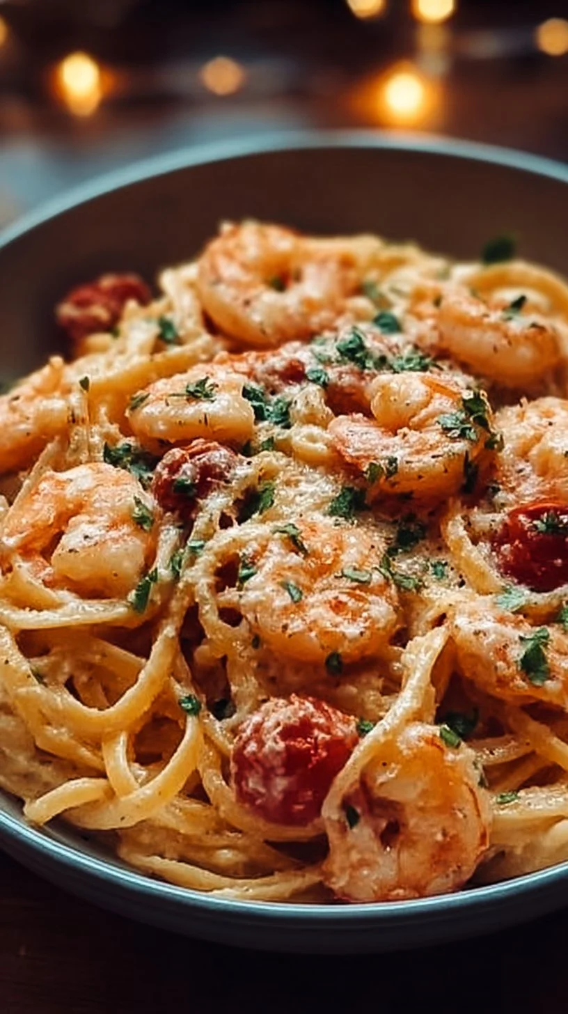 Spaghetti with shrimp in cream cheese sauce