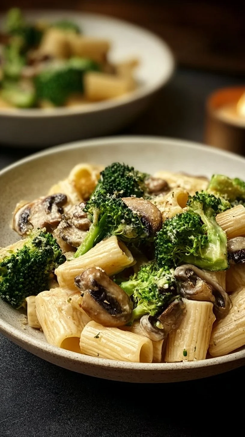 Vegane Pilz-Brokkoli-Pasta für 4 Personen auf einem Teller serviert