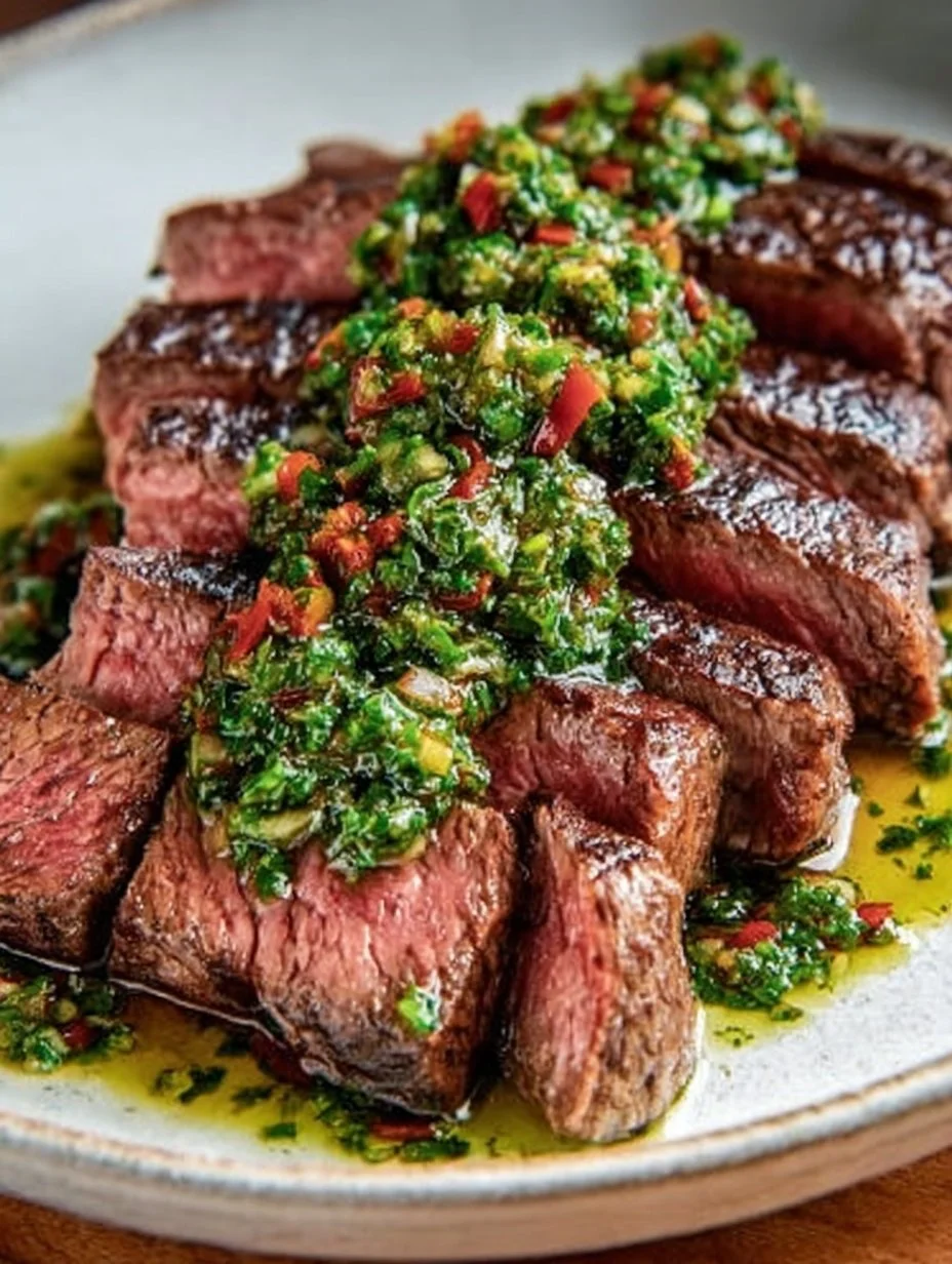 Saftiges Chimichurri-Steak auf einem Grillteller mit frischen Kräutern.