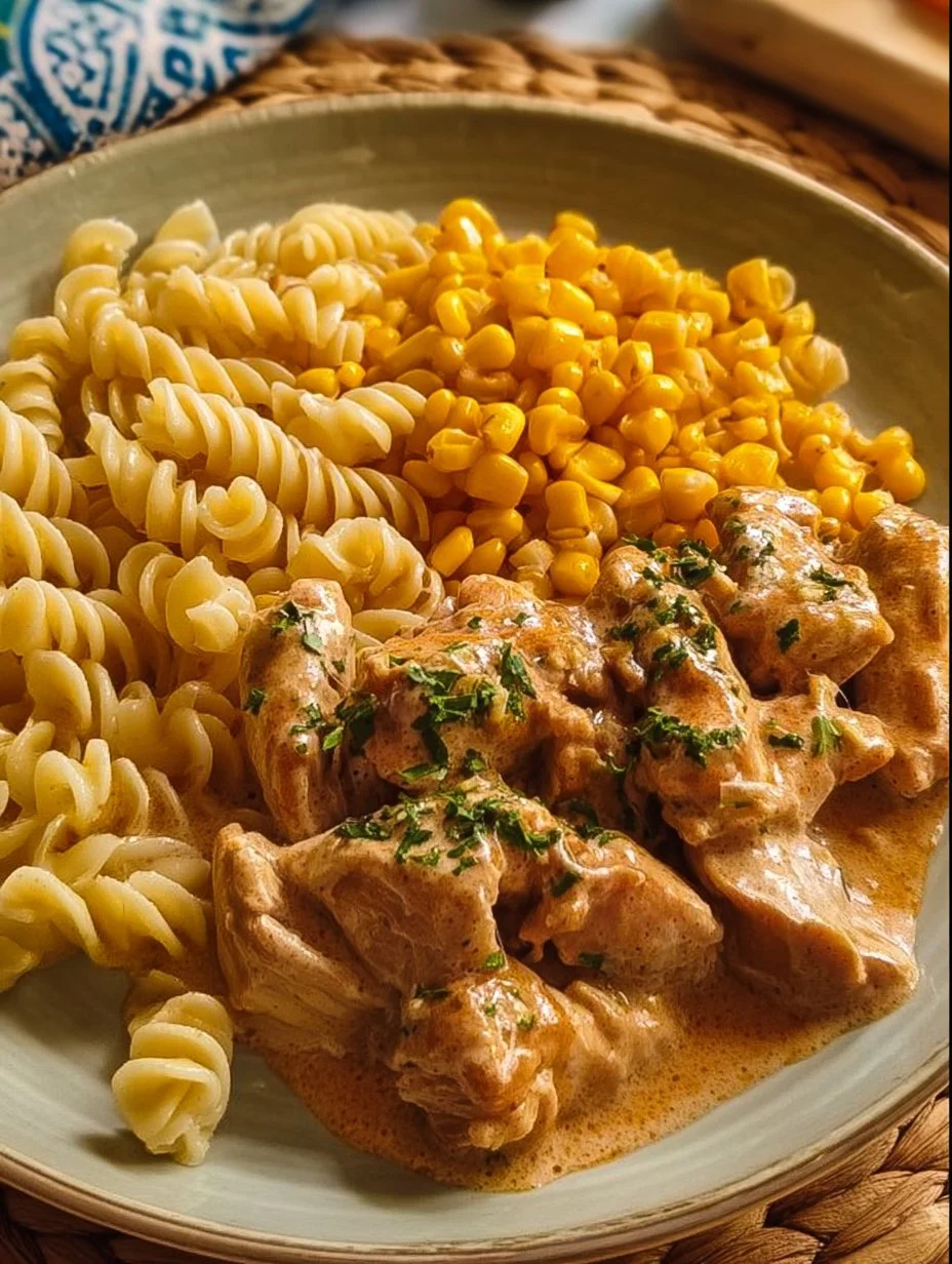 Cremiges Hähnchengeschnetzeltes Gericht auf einem Teller serviert.