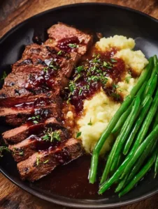 Leckeres Gourmet-Steak mit Kartoffelbrei und grünen Bohnen
