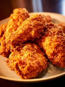 Frittierte Hähnchen mit knuspriger goldener Kruste auf einem Teller serviert.