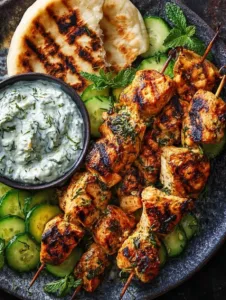 Gegrilltes Hähnchen-Souvlaki mit frischen Kräutern und Zitronenscheiben
