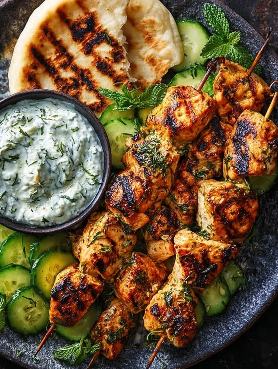 Gegrilltes Hähnchen-Souvlaki mit frischen Kräutern und Zitronenscheiben