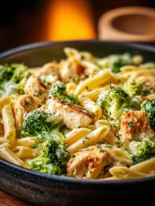Cremige Hähnchen Brokkoli Pasta auf einem Teller serviert