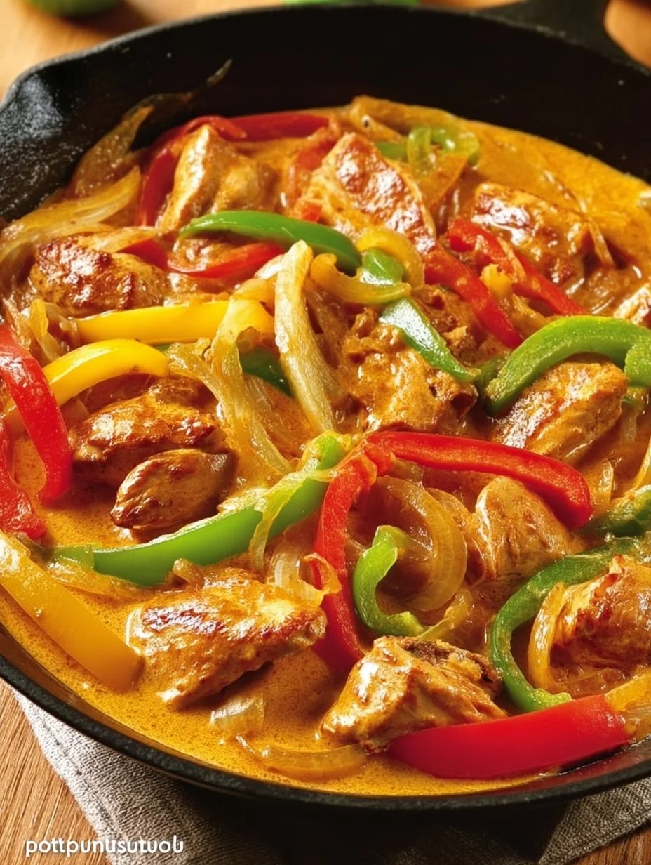 Hähnchen-Paprika-Pfanne mit buntem Gemüse auf einem Teller