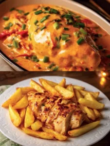 Hähnchenbrust in cremiger Frischkäsesoße mit Paprika und Zucchini auf einem Teller