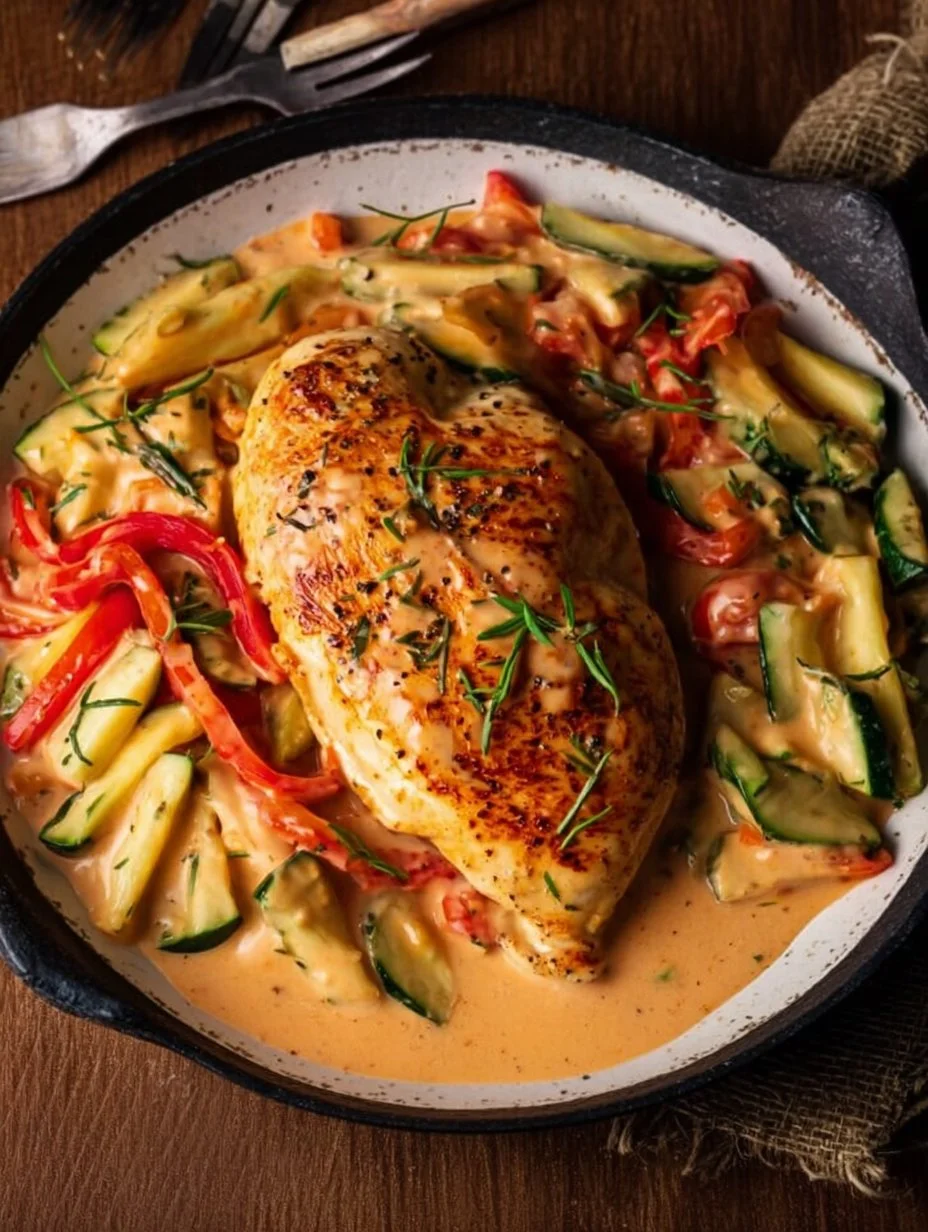 Hähnchenbrust in cremiger Frischkäsesoße mit Paprika und Zucchini