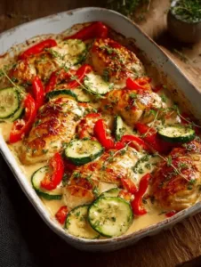 Hähnchenbrust mit buntem Ofengemüse und cremiger Soße auf einem Teller serviert