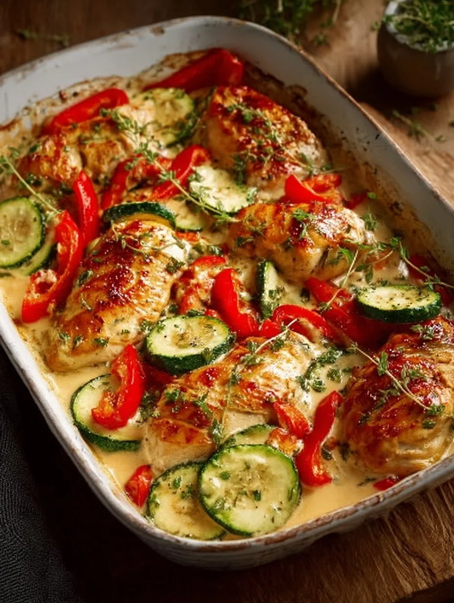 Hähnchenbrust mit buntem Ofengemüse und cremiger Soße auf einem Teller serviert