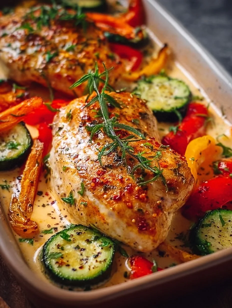 Hähnchenbrust mit buntem Ofengemüse und cremiger Soße