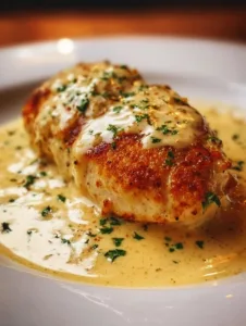 Hähnchenfilet in Frischkäse-Parmesan-Soße auf einem Teller serviert