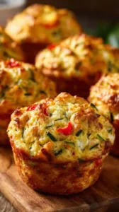 Herzhafte Muffins mit Feta, Zucchini und Paprika auf einem rustikalen Holzbrett