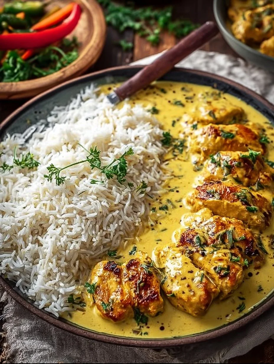 Honig-Senf-Hähnchen mit Reis serviert auf einem Teller