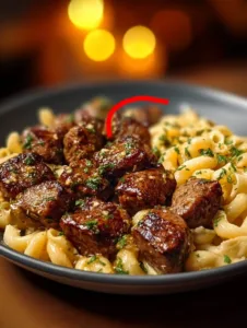 Knoblauchbutter Steakstücke mit cremiger Parmesan Pasta auf einem Teller serviert