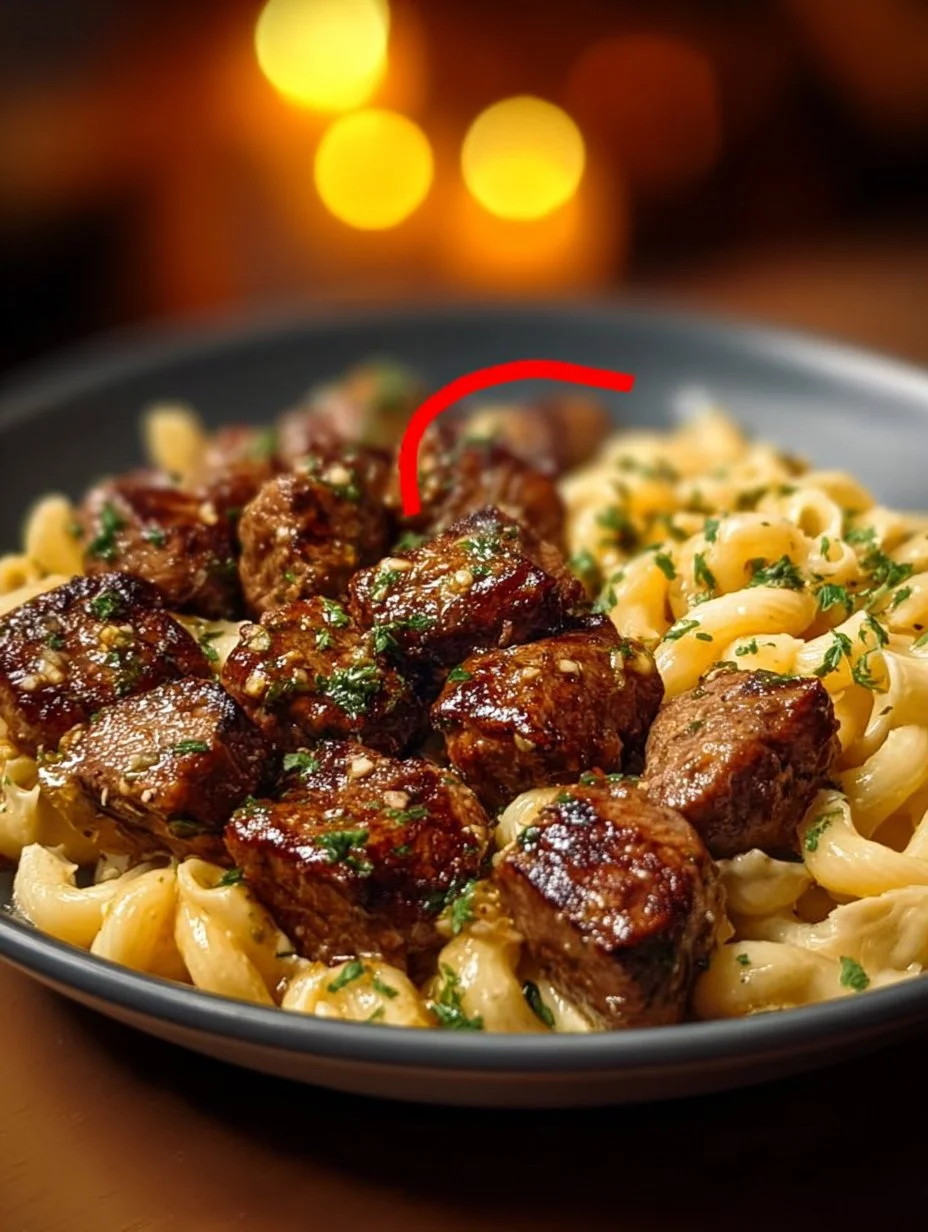 Knoblauchbutter Steakstücke mit cremiger Parmesan Pasta auf einem Teller serviert