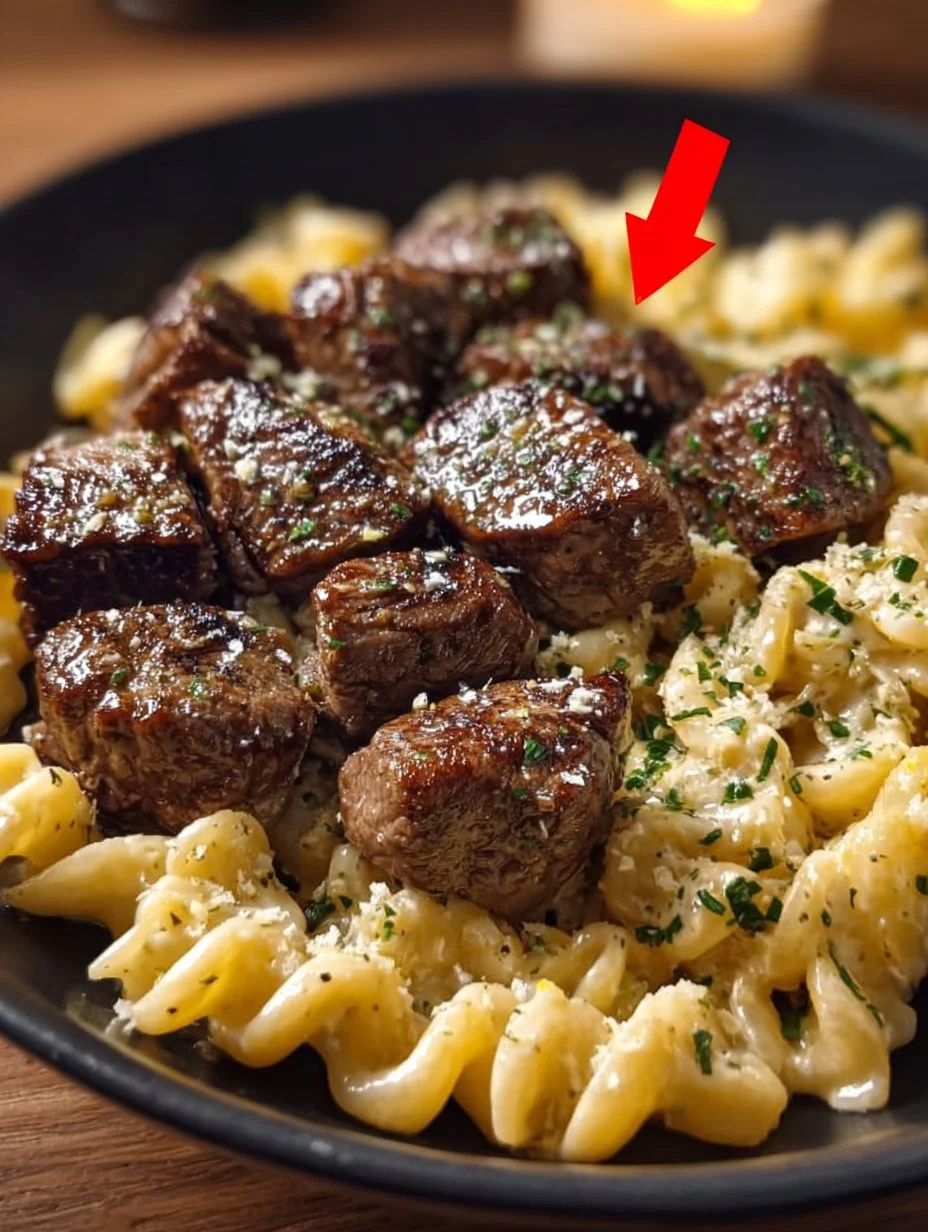 Knoblauchbutter Steakstücke mit cremiger Parmesan Pasta