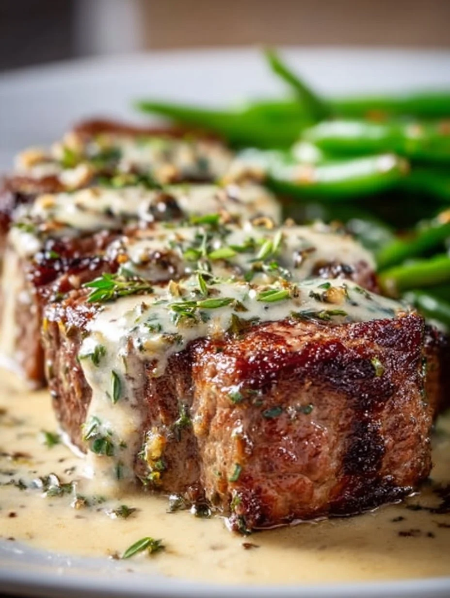 Knoblauchbuttersteak mit Parmesancremesoße auf einem Teller serviert.