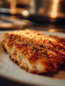 Knusprig gebackenes Hähnchen auf einem Holzbrett mit Kräutern garniert.