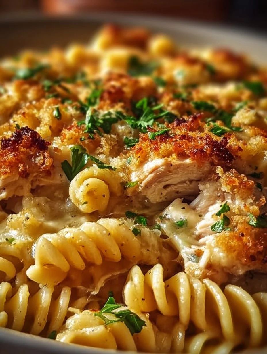 Knuspriger Nudel-Hähnchen-Auflauf mit Knoblauch und Parmesan