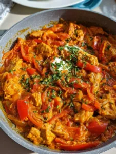 Cremige Paprika-Hähnchen-Pfanne mit Reis auf einem Teller serviert