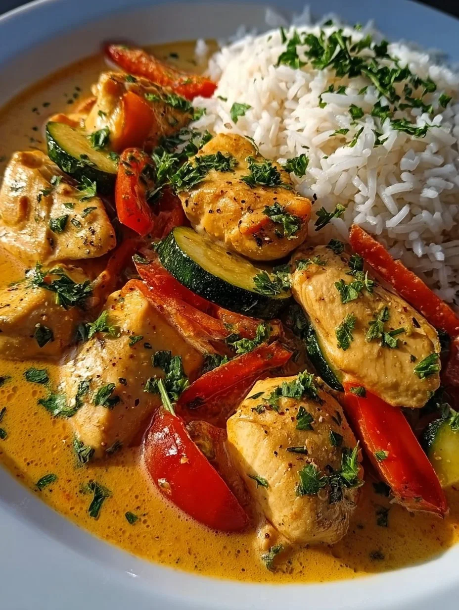 Paprika-Zucchini-Sahne-Hähnchen auf einem Teller, verziert mit frischen Kräutern.