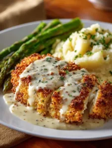 Parmesan-Krusten-Hühnchen mit cremiger Knoblauchsoße auf einem Teller serviert