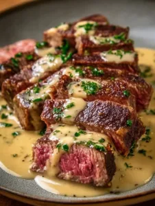 Perfekt gebratenes Steak mit cremiger Knoblauchsauce auf einem Teller serviert